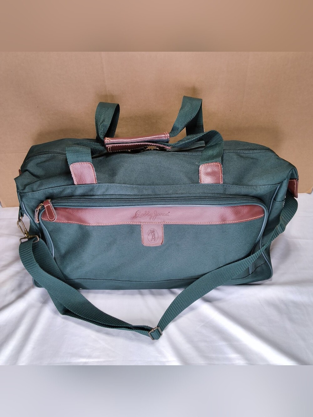 Bobby Jones Golf Travel Duffel Bag Green Canvas Leather Trim Weekender Carry-On - Picture 3 of 6